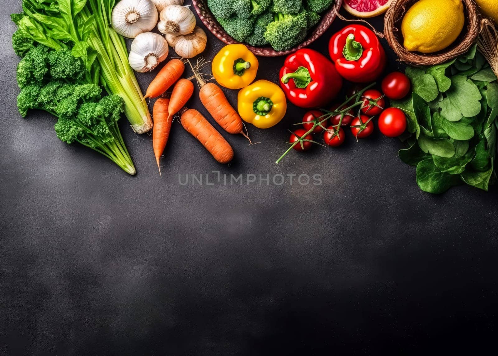A variety of vegetables including carrots, broccoli, peppers, and tomatoes are arranged on a black background