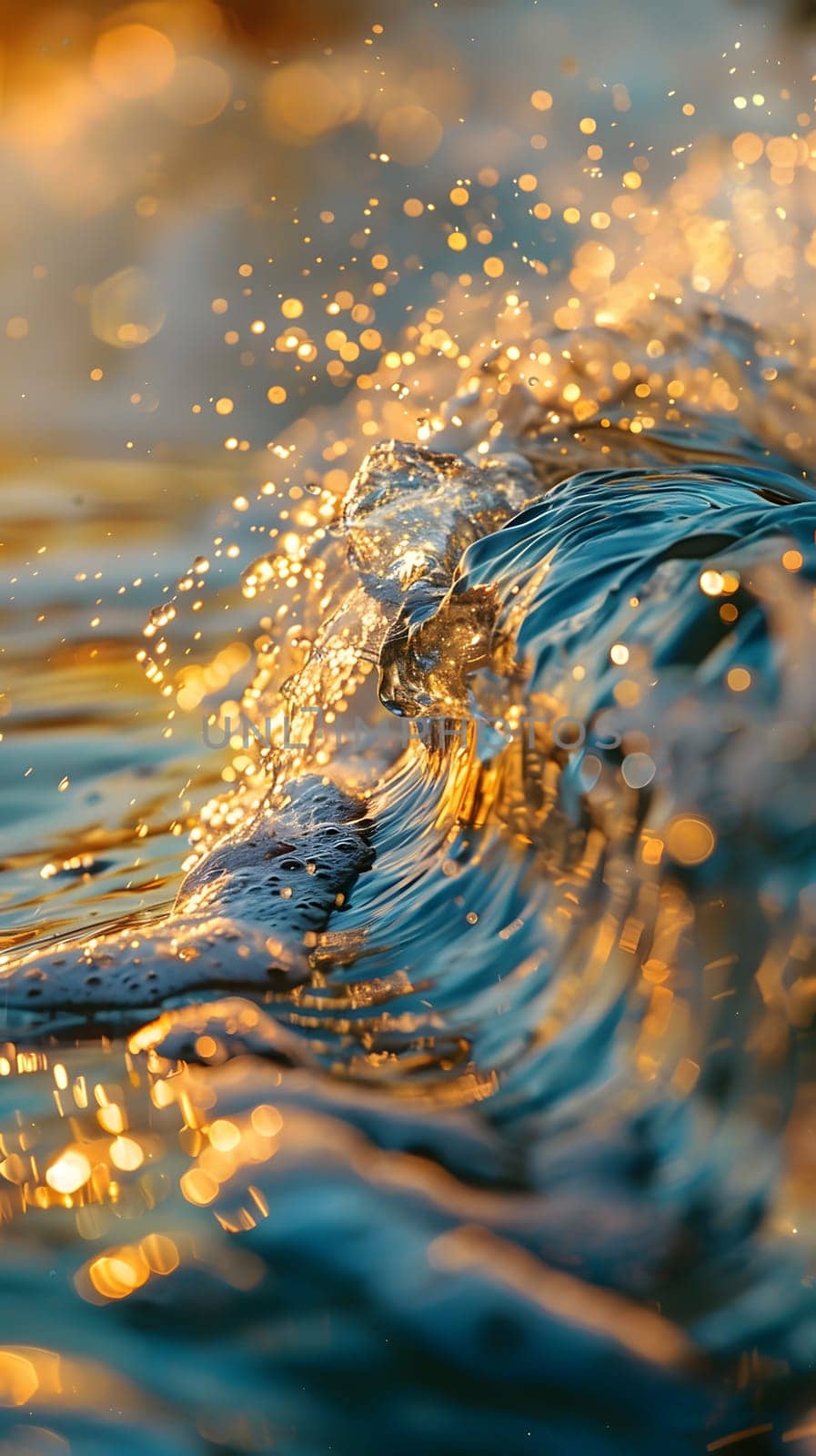 A close up of a wind wave in the ocean at sunset, displaying a beautiful pattern of electric blue liquid water. A stunning natural landscape art