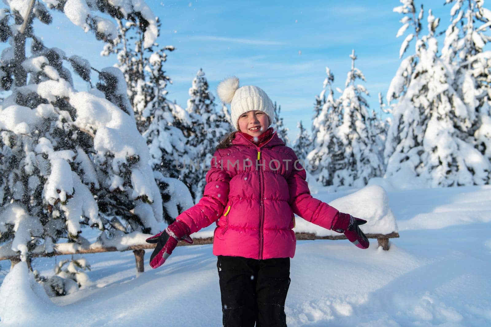 Portrait of a Beautiful Girl Delighting in Sunlight Amidst Snowy Peaks. by dotshock