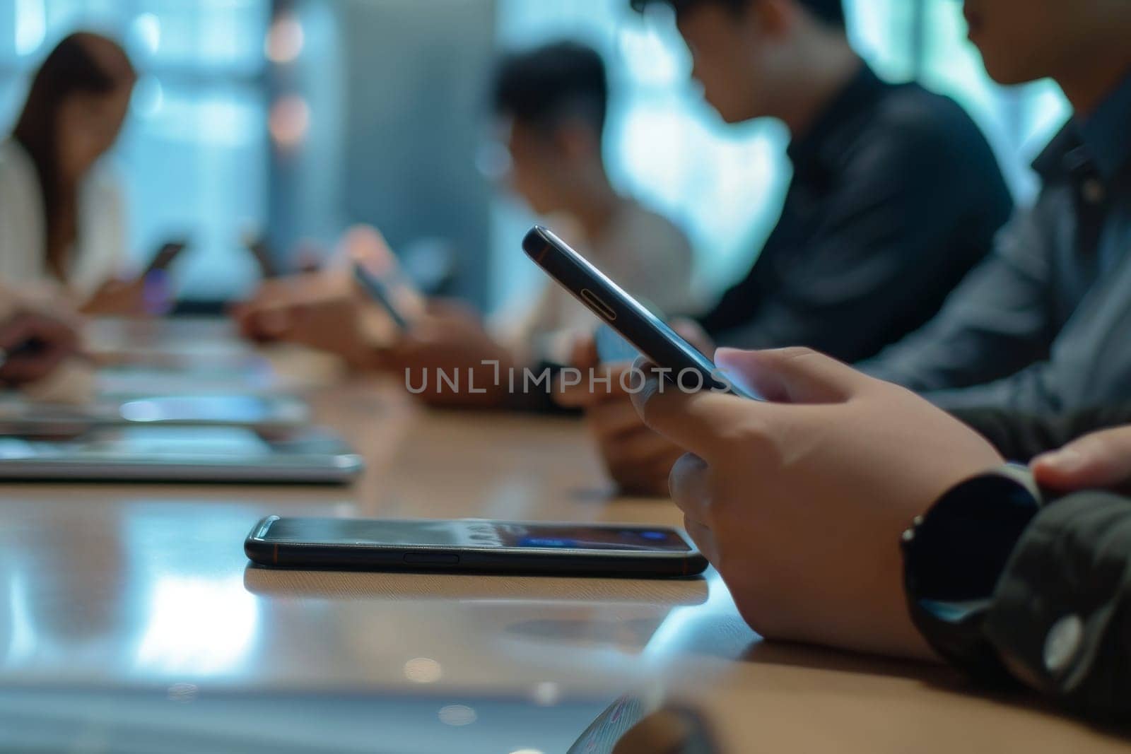 Close up hand of Young Group of People using mobile phone in meeting room.