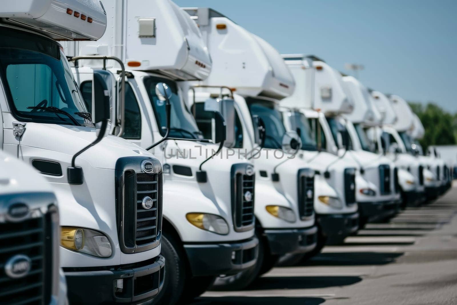 low angle photo of a fleet of box trucks in a car park, New truck fleet transportation by nijieimu