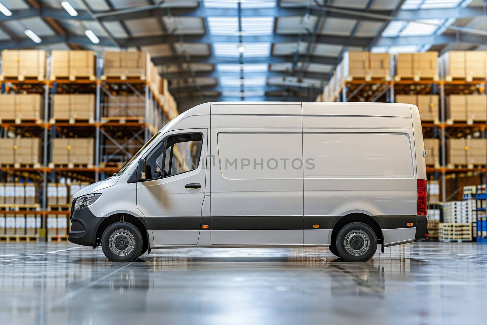 A white van inside a warehouse with shipping boxes by nijieimu