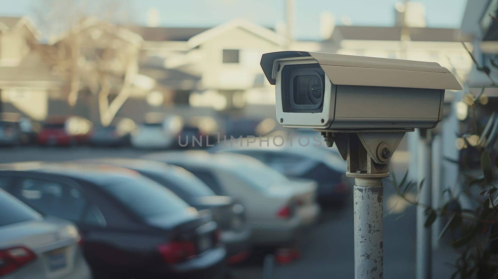 Closeup outdoor CCTV camera at a car parking lot, Security camera in car park.