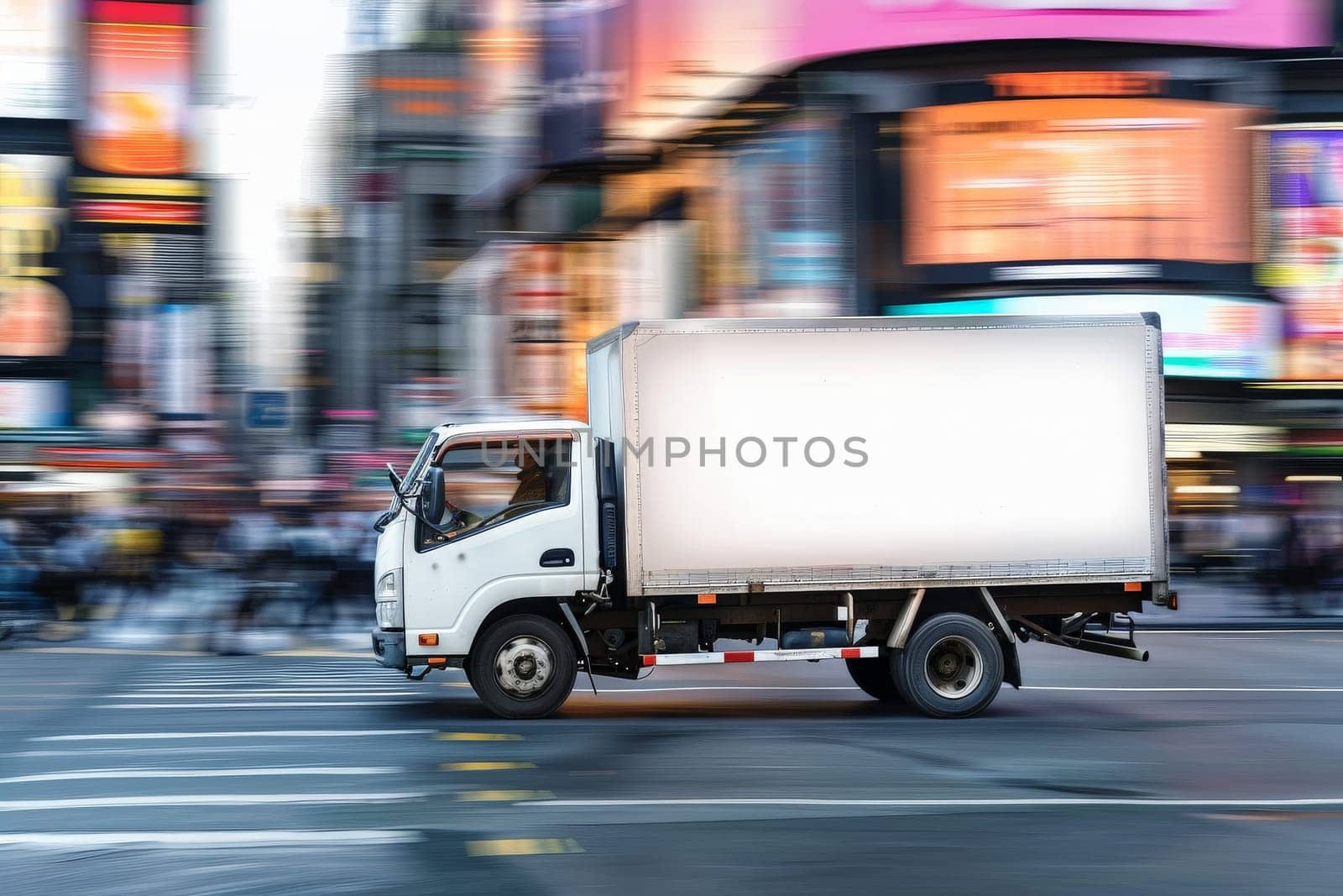 Fast delivery white truck travelling through the city streets.