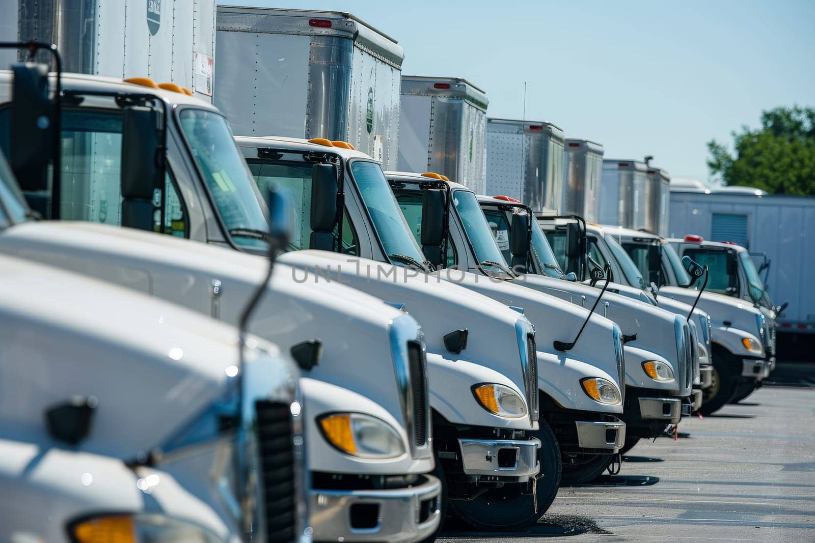 low angle photo of a fleet of box trucks in a car park, New truck fleet transportation.