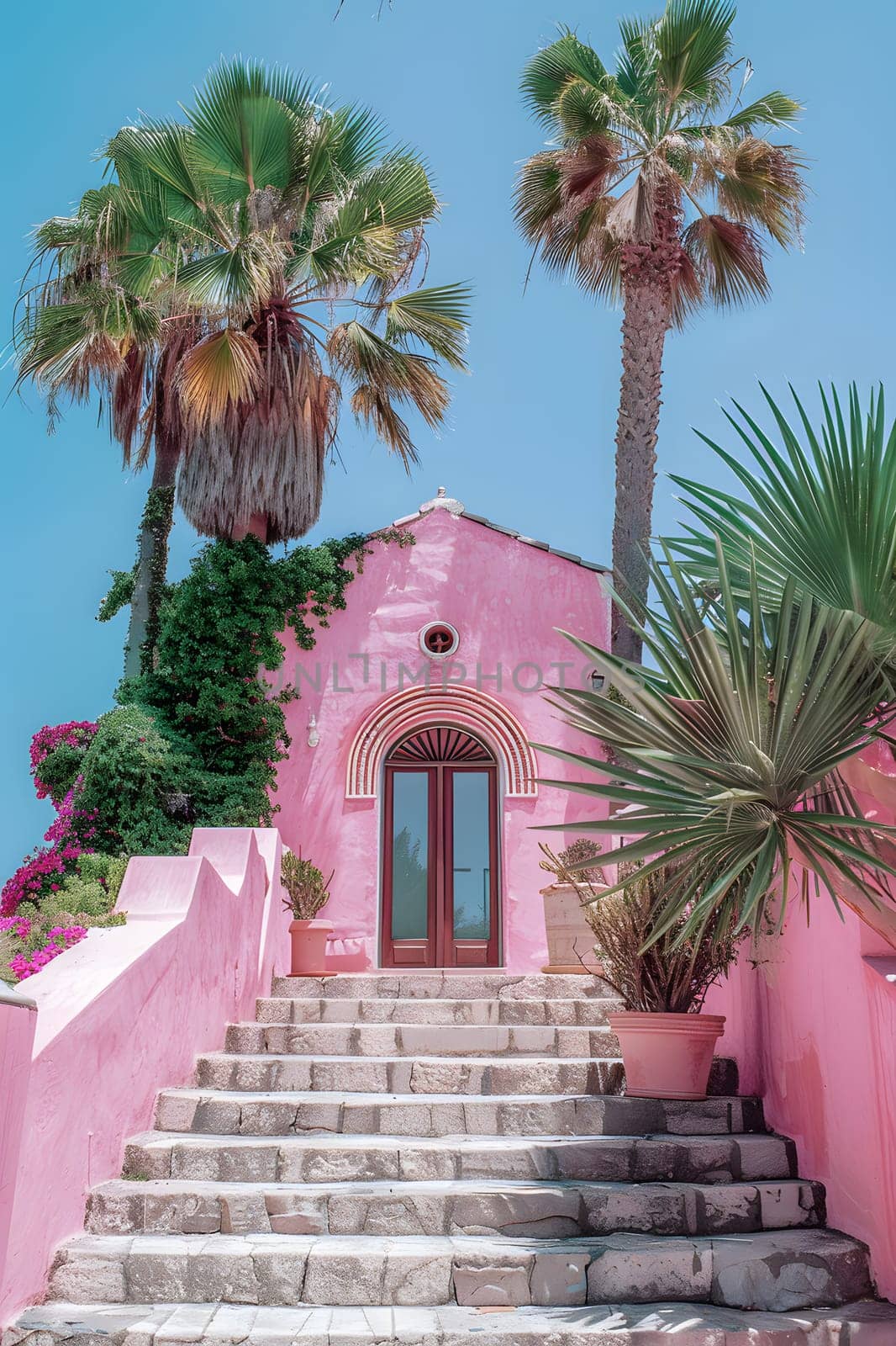 A symmetrical pink building with palm trees in the landscape. Stairs lead up to the entrance door, creating a picturesque facade against the sky