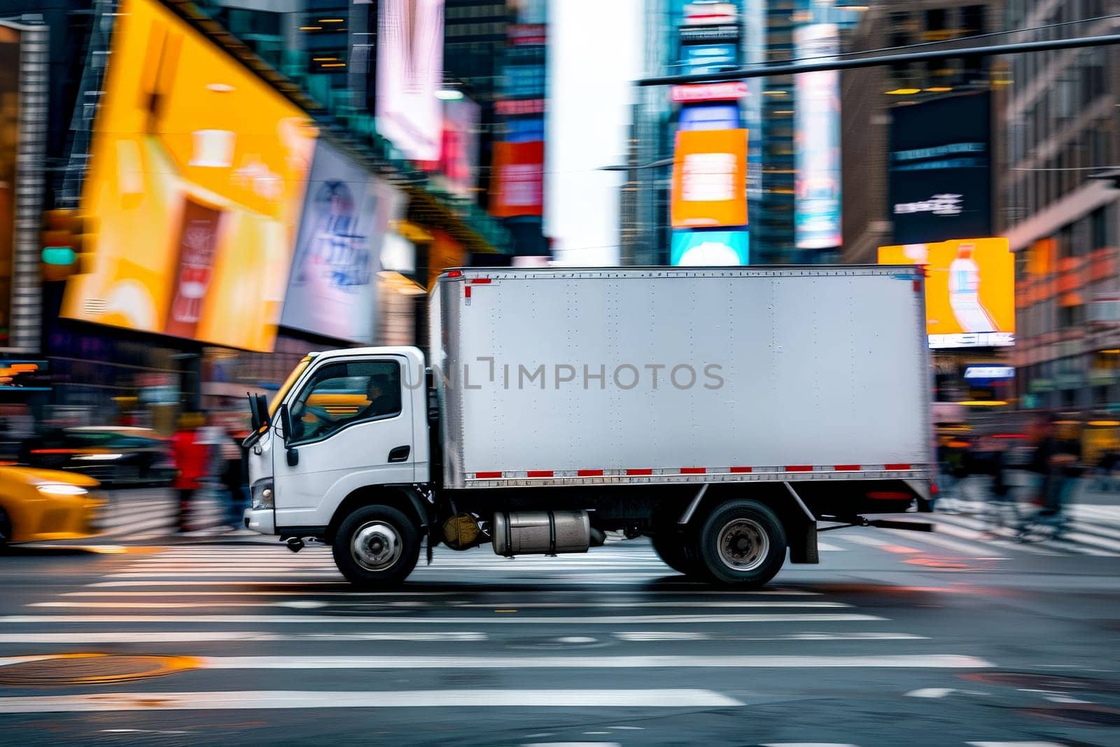 Fast delivery white truck travelling through the city streets.
