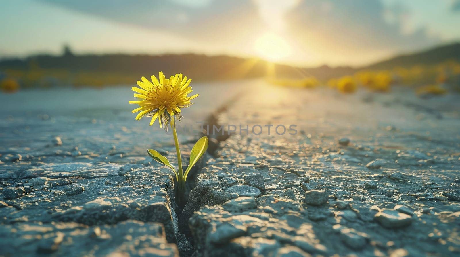 single flower grows through a crack of the asphalt concrete highway road in evening sunlight by nijieimu