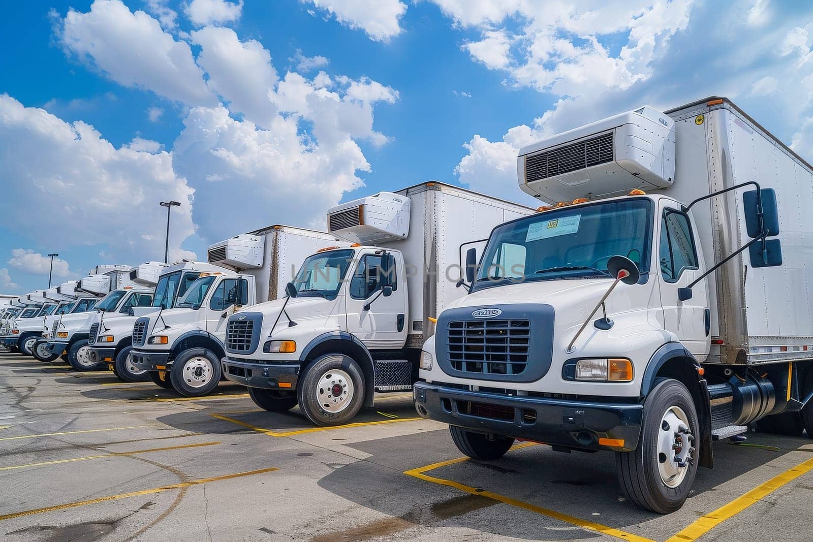 low angle photo of a fleet of box trucks in a car park, New truck fleet transportation.