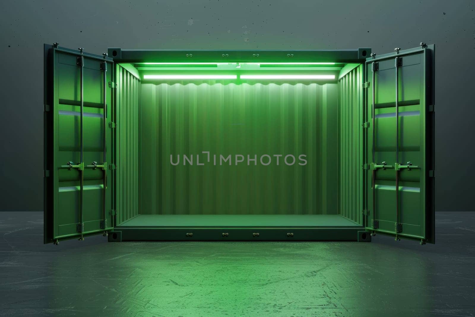 A large green container with neon lights inside.