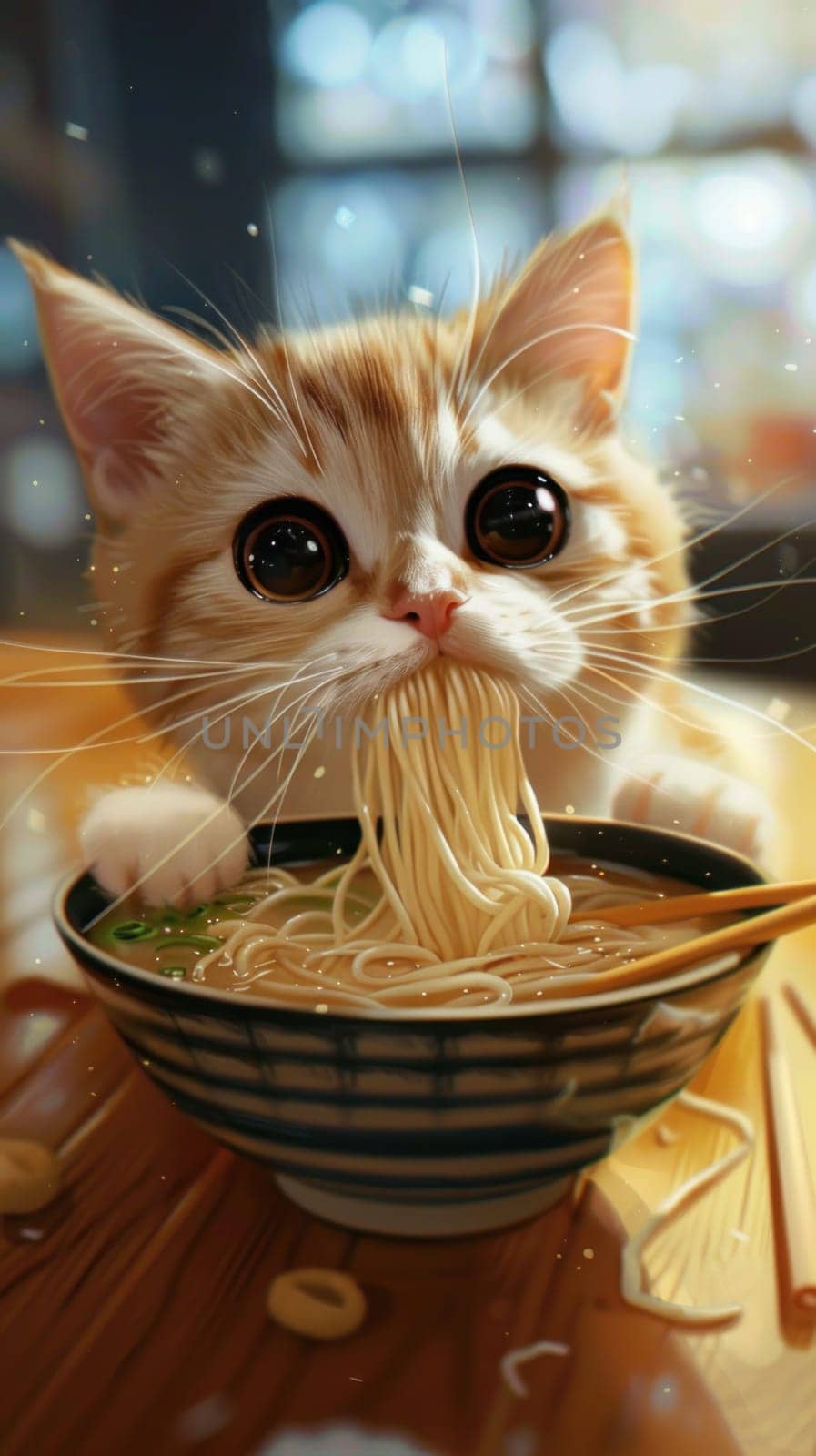 A cat is eating spaghetti on a plate by golfmerrymaker
