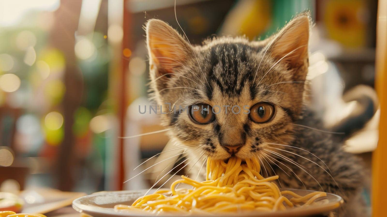 A cat is eating spaghetti on a plate.