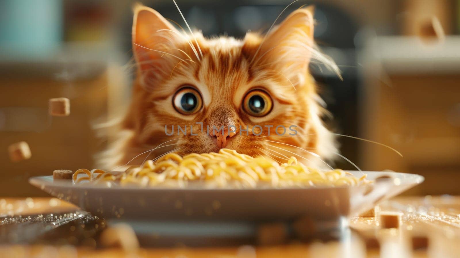 A cat is eating spaghetti on a plate.