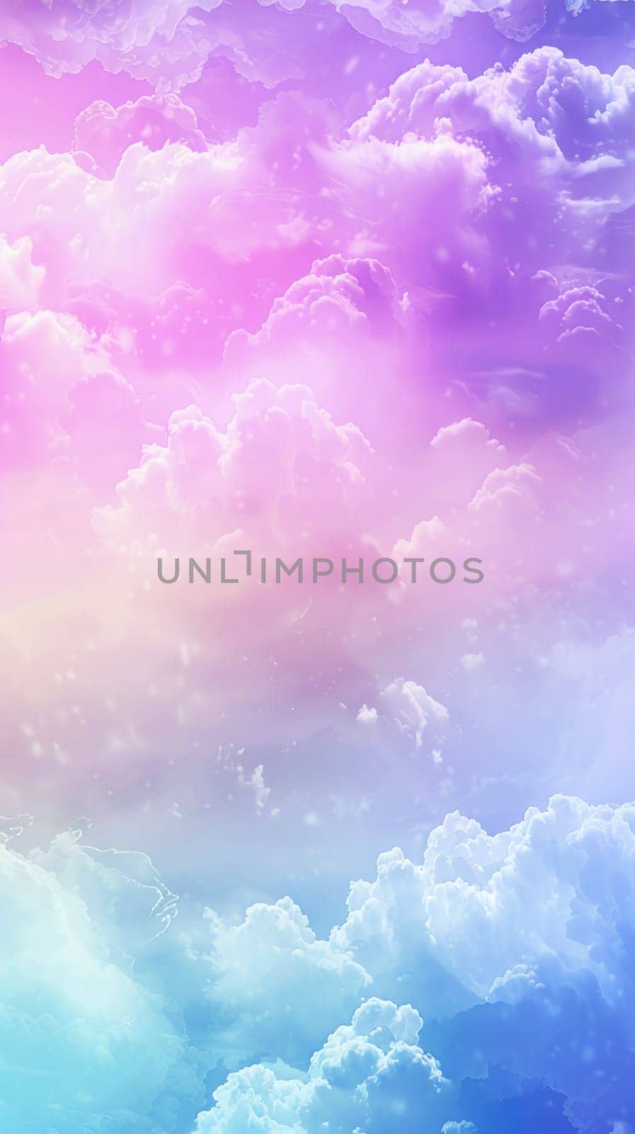 A colorful sky with clouds of different colors. The sky is filled with a rainbow of colors, creating a vibrant and cheerful atmosphere. The clouds are scattered throughout the sky, with some larger