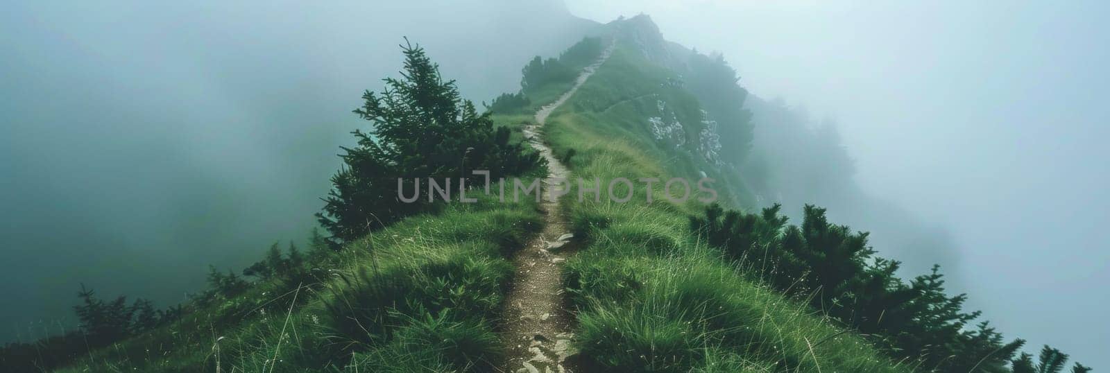 A path winds up a hillside with trees on either side. The sky is overcast and the grass is wet