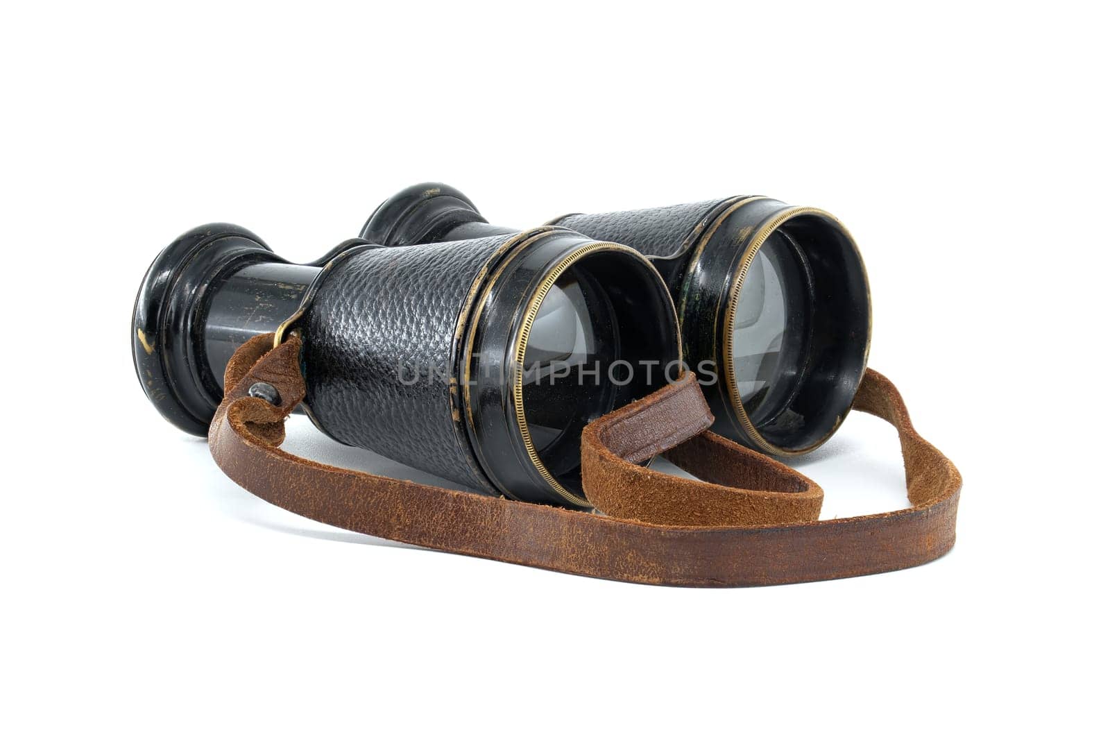 Binoculars with brown leather straps isolated on white by NetPix