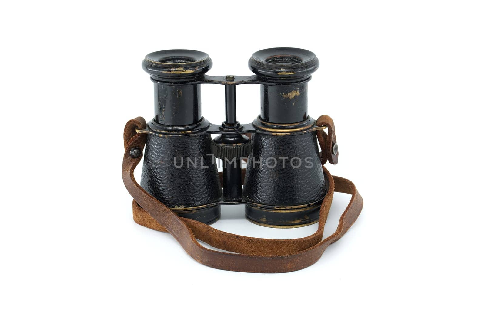 Pair of retro black binoculars with brown leather straps is showcased against a white background