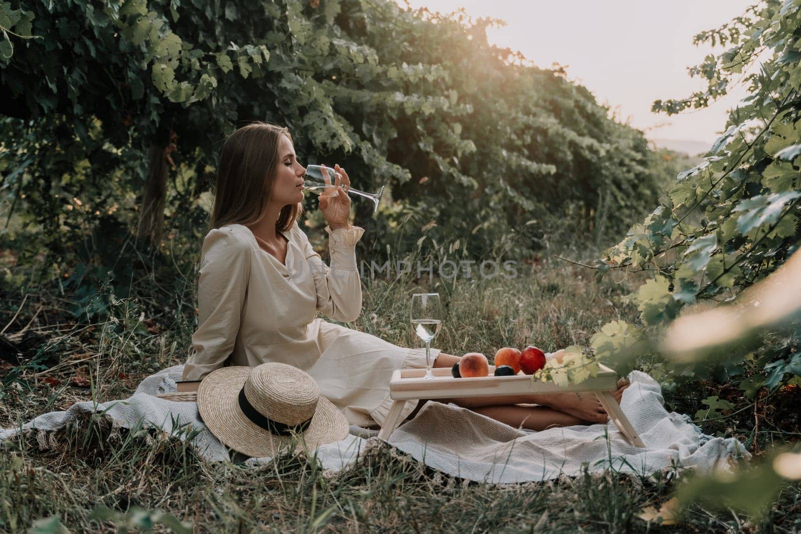 Picnic and wine tasting at sunset in the hills of Italy, Tuscany. Vineyards and open nature in the summer. Romantic dinner, fruit and wine.