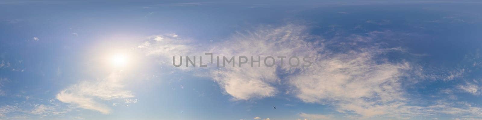 Sky panorama with Cirrus clouds in Seamless spherical equirectangular format. Full zenith for use in 3D graphics, game and editing aerial drone 360 degree panoramas for sky replacement