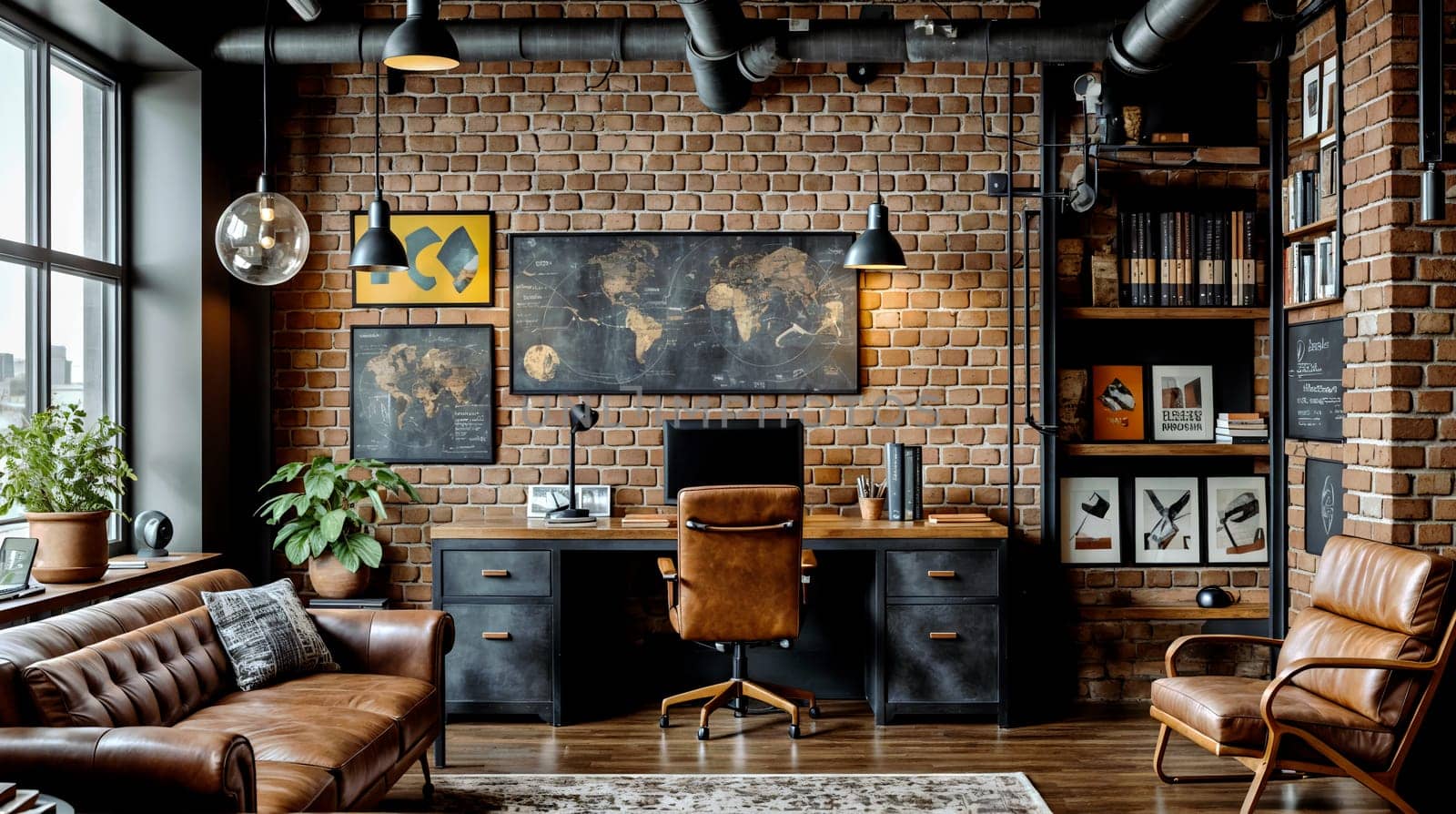 Stylish industrial Home Office With Exposed Brick and Designer Furniture by chrisroll