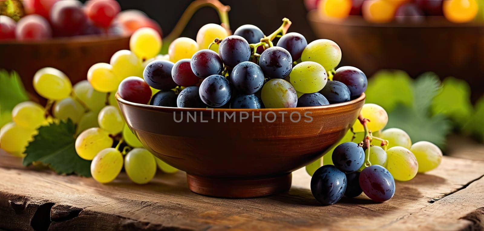 Grapes in bowl on wooden table