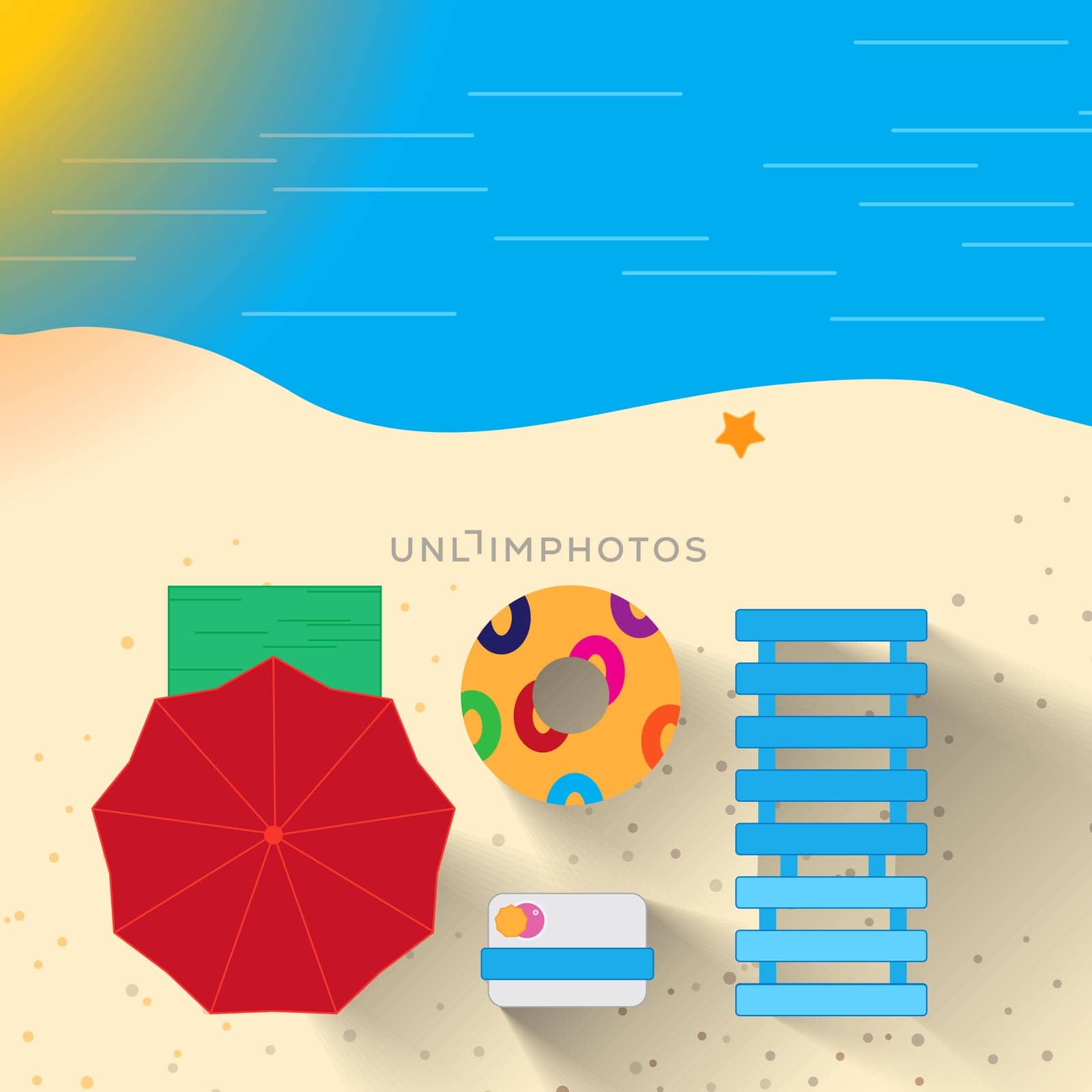 Above, abstract and beach with umbrella for summer on holiday to relax, chill and fun in hot weather. Illustration, waves and ocean for trip or travel on vacation with break in tourist destination. by YuriArcurs