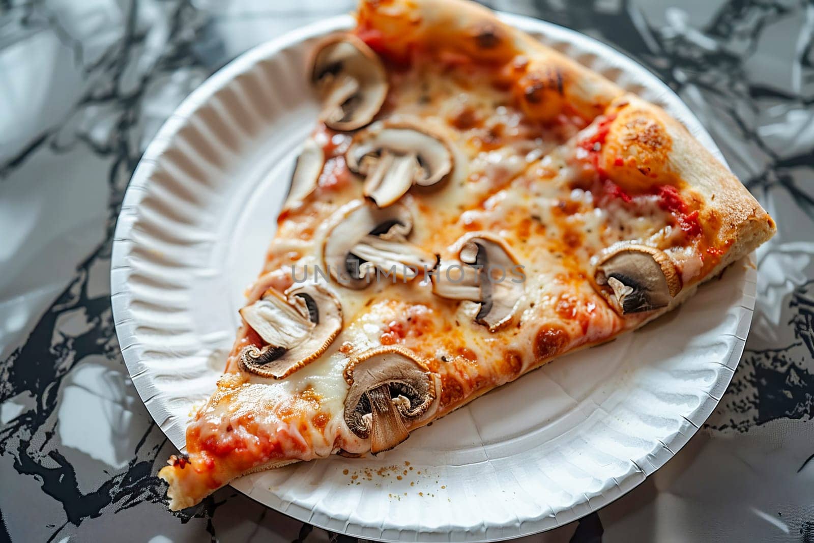 Top view of a slice of pizza with mushrooms on a paper plate. Fast food. AI generated.
