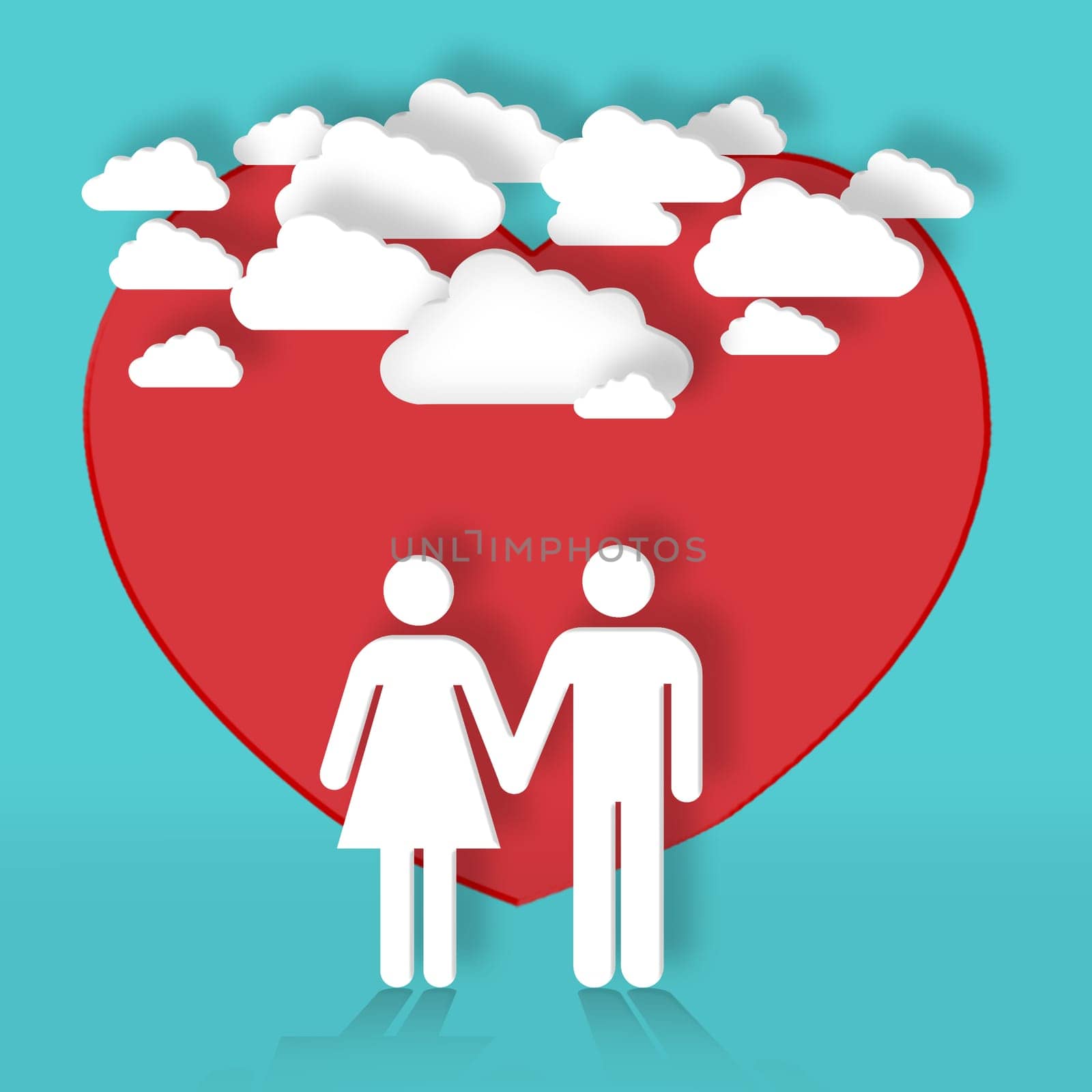 Graphic, couple and cartoon of heart for love for support, valentines day or marriage symbol. Studio background, clouds or illustration of wallpaper or holding hands for care, design or romance.