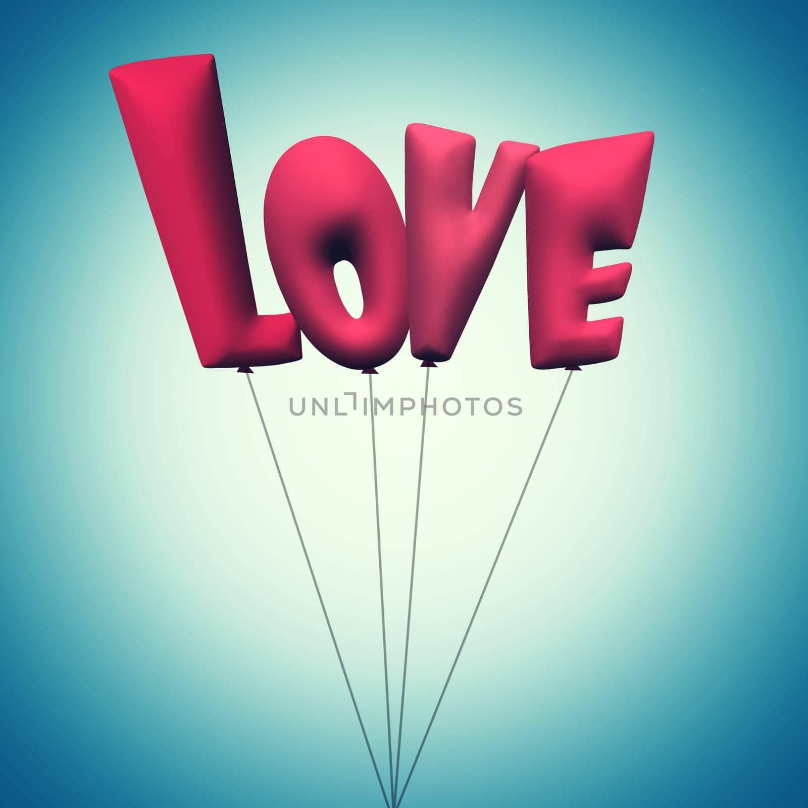 Graphic, words or text for love balloon for support, valentines day or mockup space in studio. Blue background, string or illustration of a creative wallpaper for care, red design or romantic date by YuriArcurs