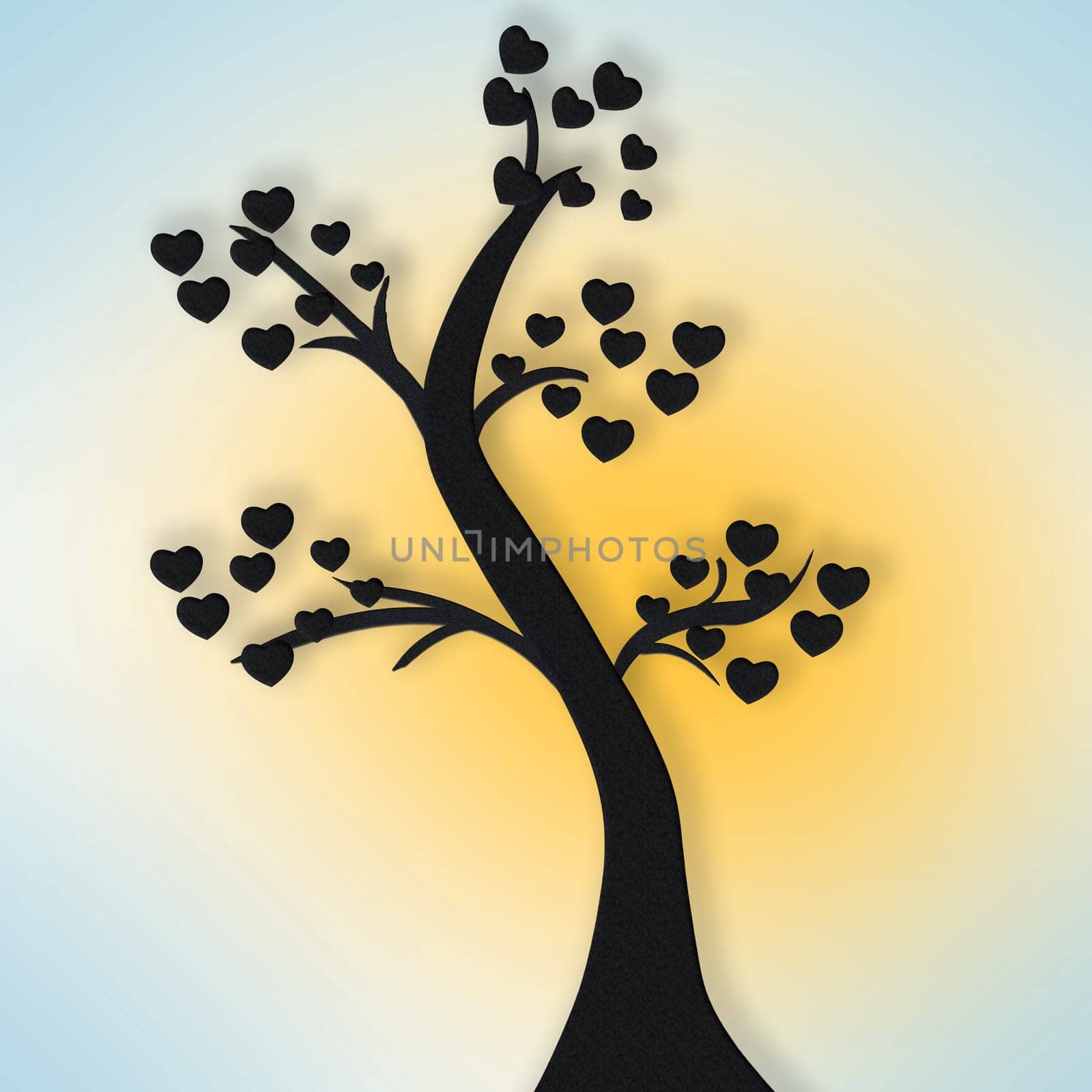 Cartoon, tree and graphic of hearts for love for support, valentines day and mockup space in studio. Blue background, icons or illustration of a creative wallpaper for care, nature design or romance.