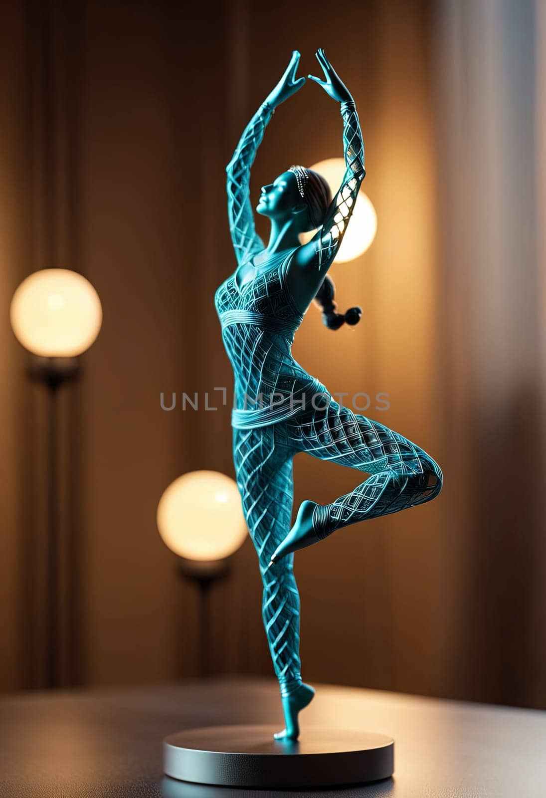 Woman in yoga pose, bent wire figure on wooden backdrop, Creative figures symbol of yoga and harmony, art and serenity intersection. Female fitness yoga routine concept. Healthy lifestyle. by panophotograph