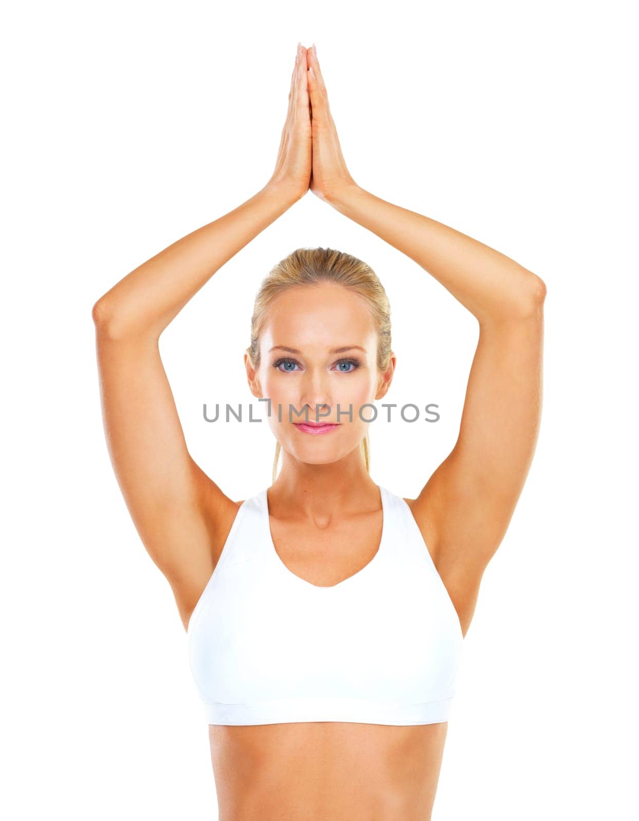 Yoga, relax and portrait of woman in studio for stress relief, wellness and mindfulness in calm meditation. Prayer hands, peace and zen person on white background for spiritual healing, mental health.