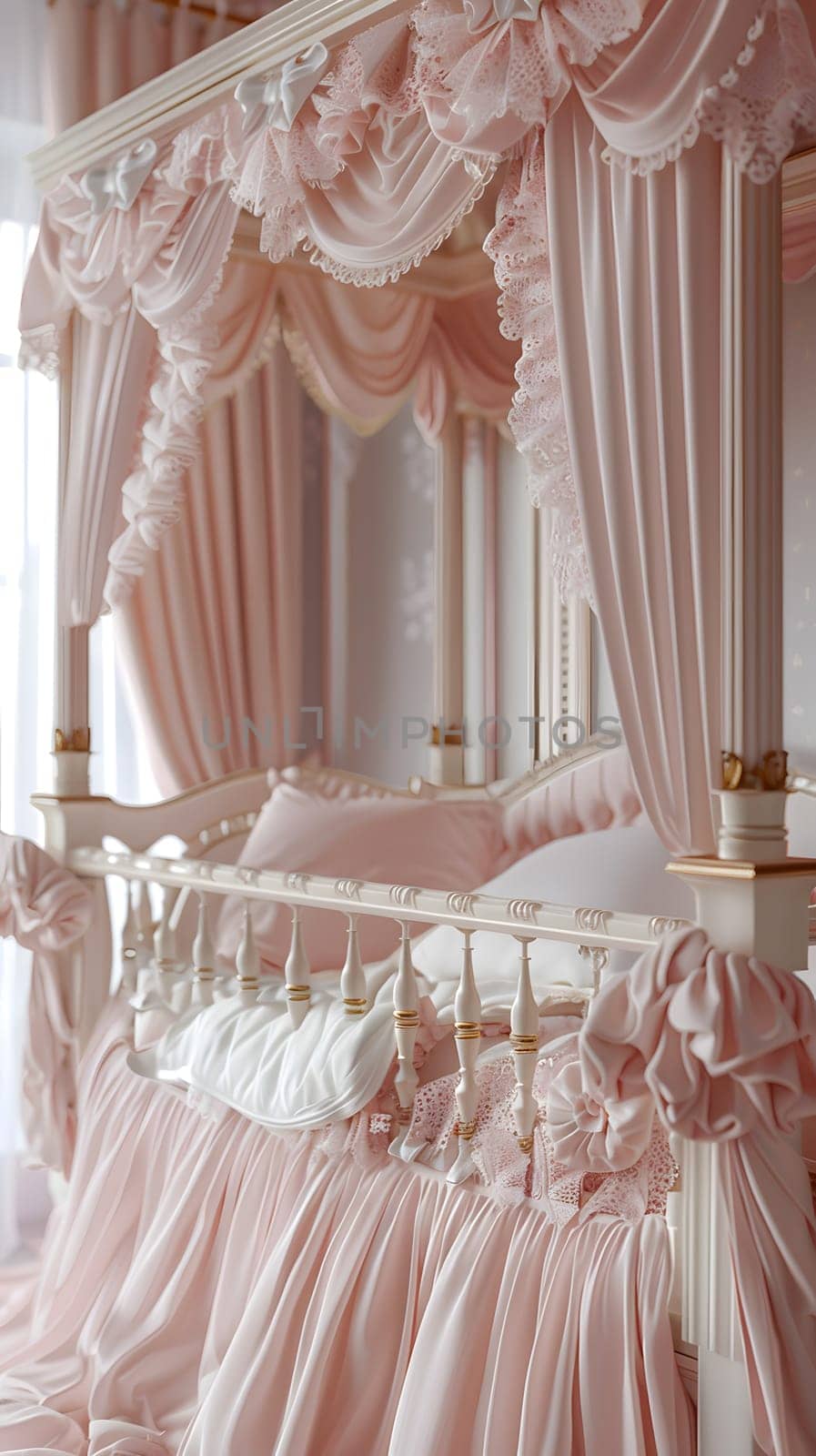 A bed with a canopy and pink curtains in a room adds a touch of elegance and charm to the space. The hardwood frame and artistic design make it a focal point