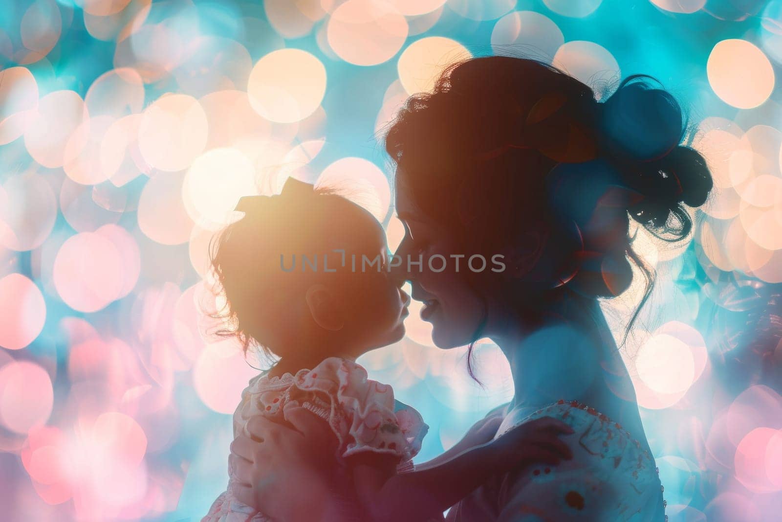 A blue and white Mother's Day card with a woman and child on it. The card is decorated with flowers and has a blue background