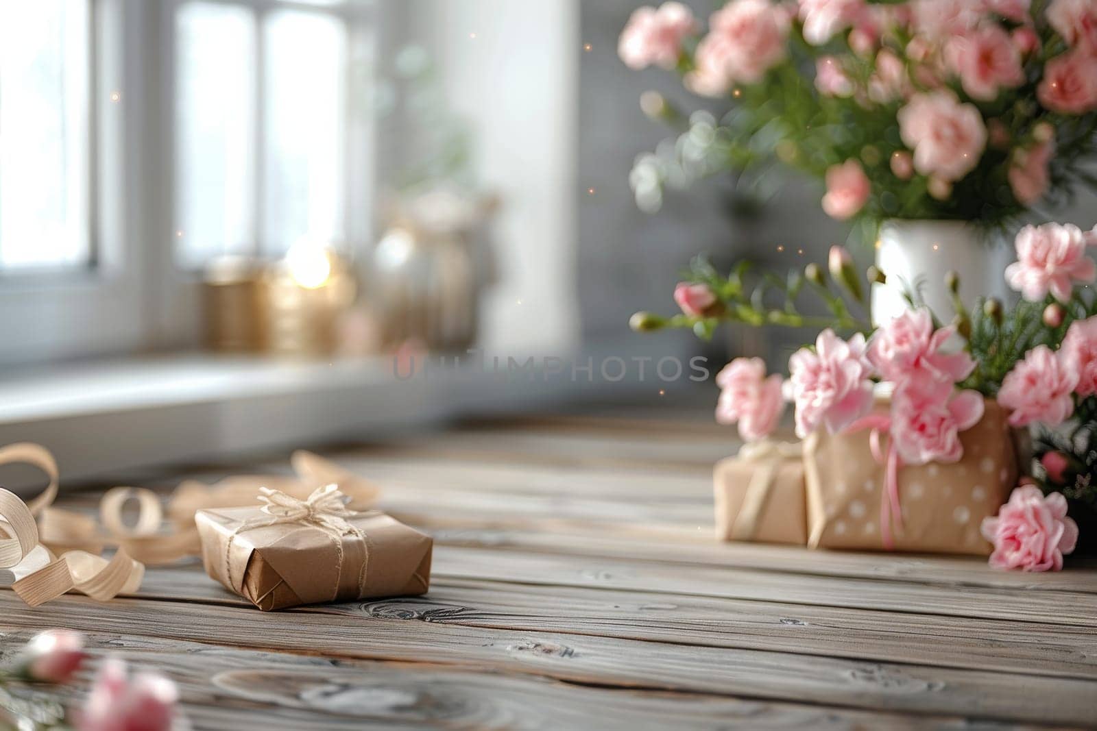 A white background with pink flowers and brown boxes. The boxes are wrapped in pink ribbon and are placed on the table