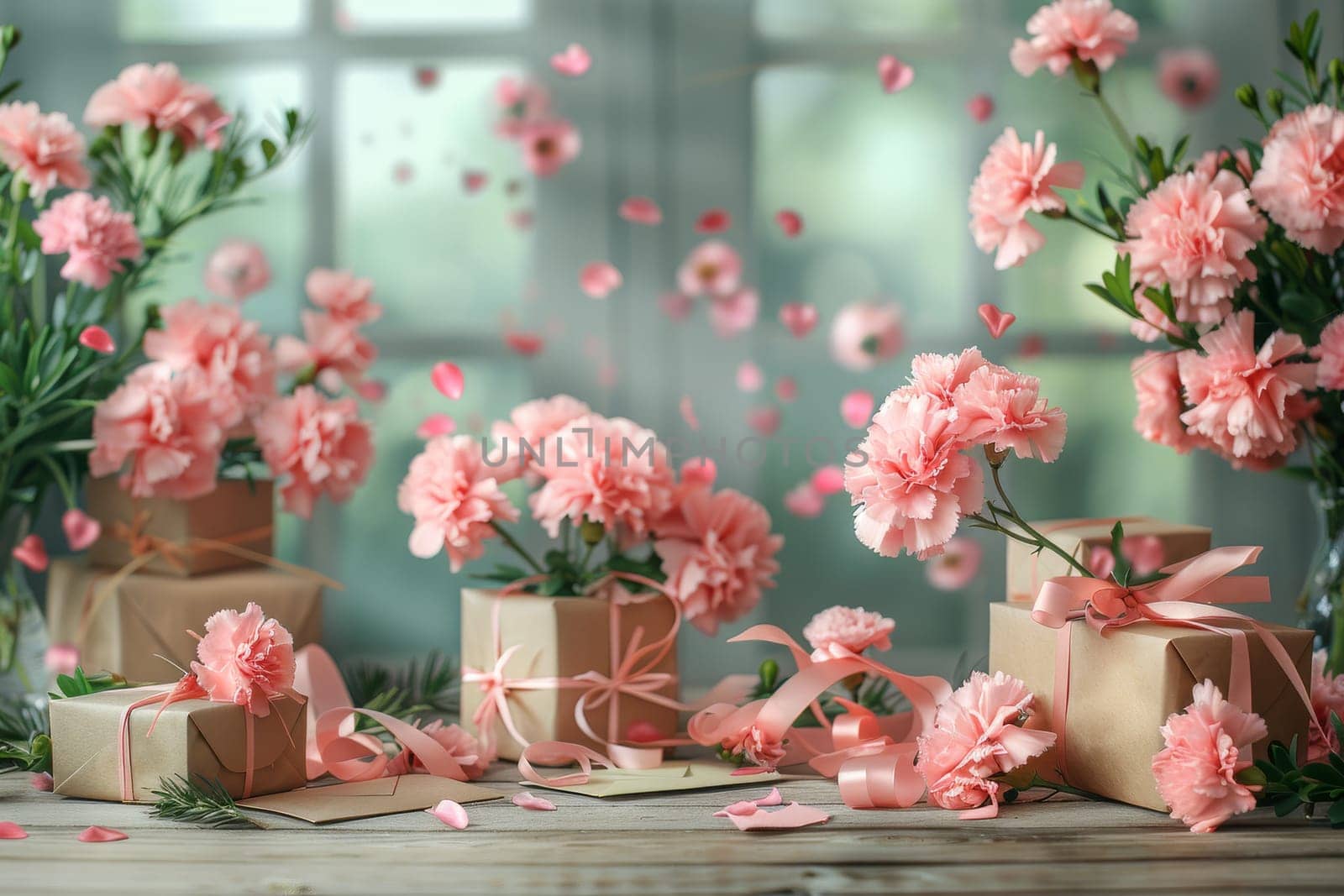 A table with a pink box and pink flowers on it. Birthday concept.