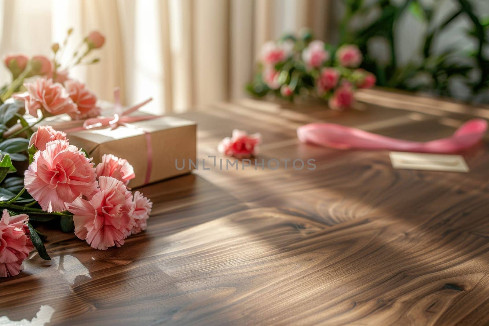 A table with a pink box and pink flowers on it. Birthday concept by itchaznong
