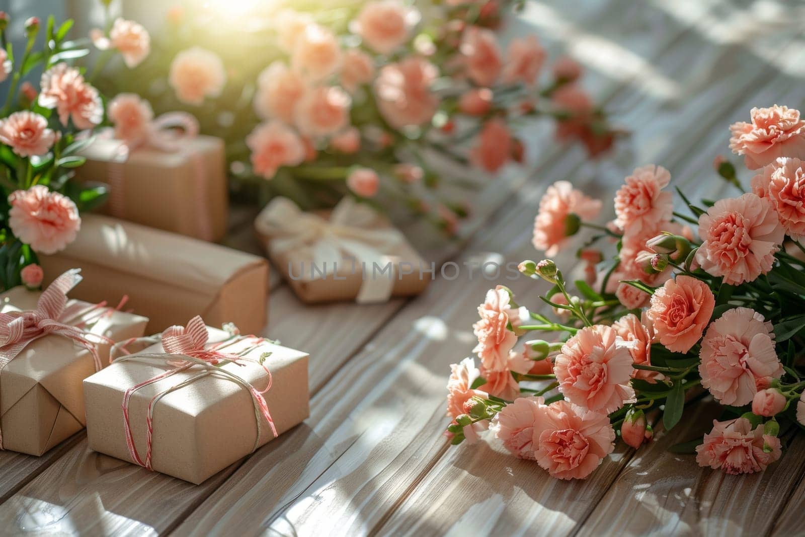 A wooden table with three brown boxes and a vase of pink flowers. Concept of warmth and celebration