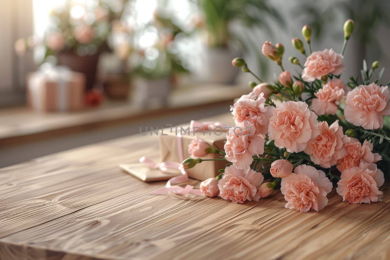 A white background with pink flowers and brown boxes. Birthday concept by itchaznong