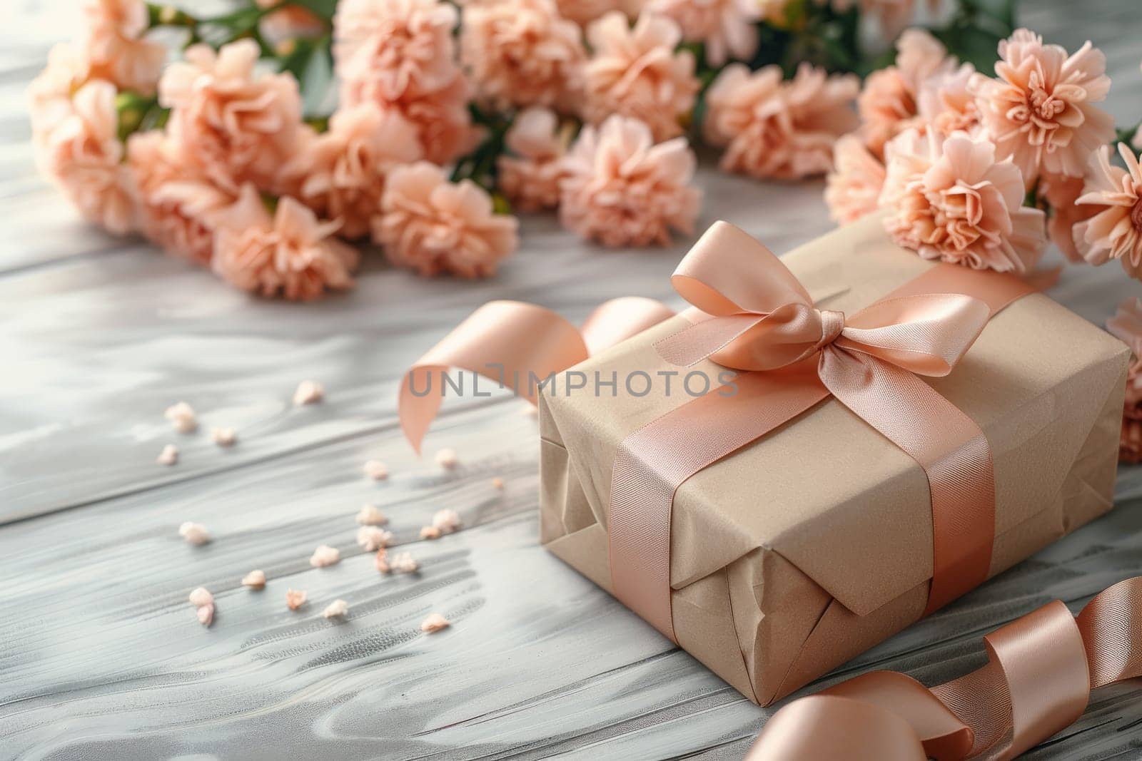 A wooden table with three brown boxes and a vase of pink flowers. Birthday concept. by itchaznong