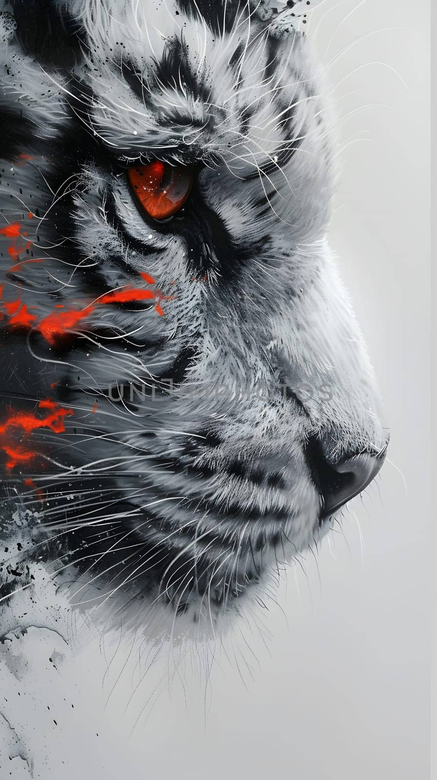 A closeup art piece capturing the red eyes of a tiger, a large felidae carnivore with whiskers and a powerful snout. This terrestrial animal is a mesmerizing subject against a white background