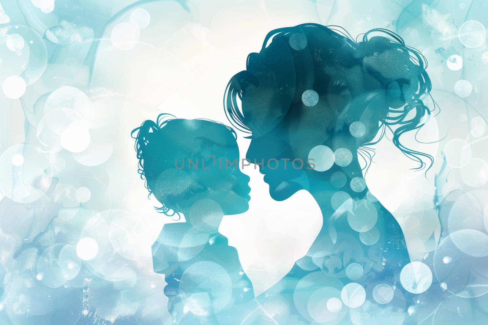 A blue and white Mother's Day card with a woman and child on it. The card is decorated with flowers and has a blue background