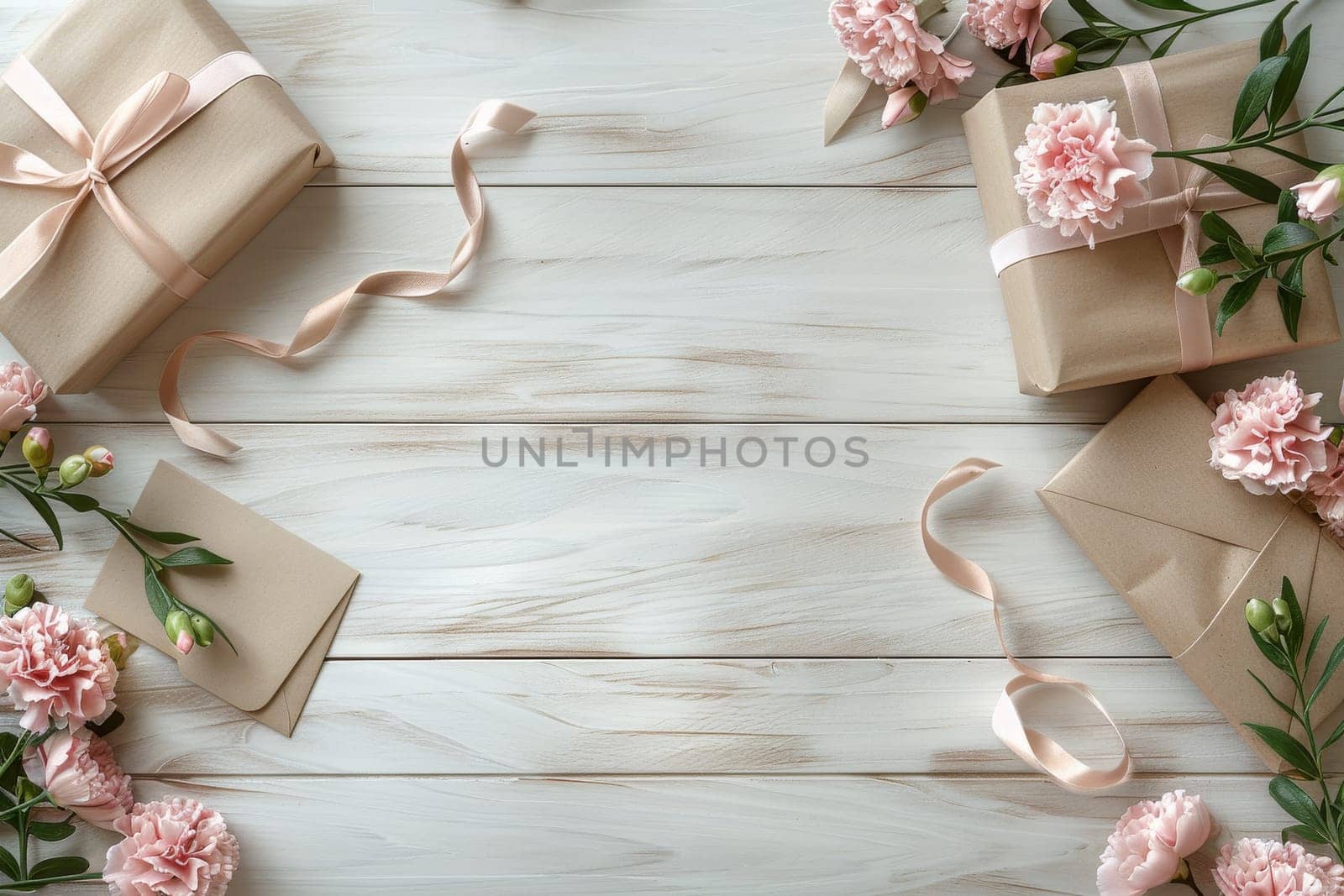 A white background with pink flowers and brown boxes. The boxes are wrapped in pink ribbon and are placed on the table