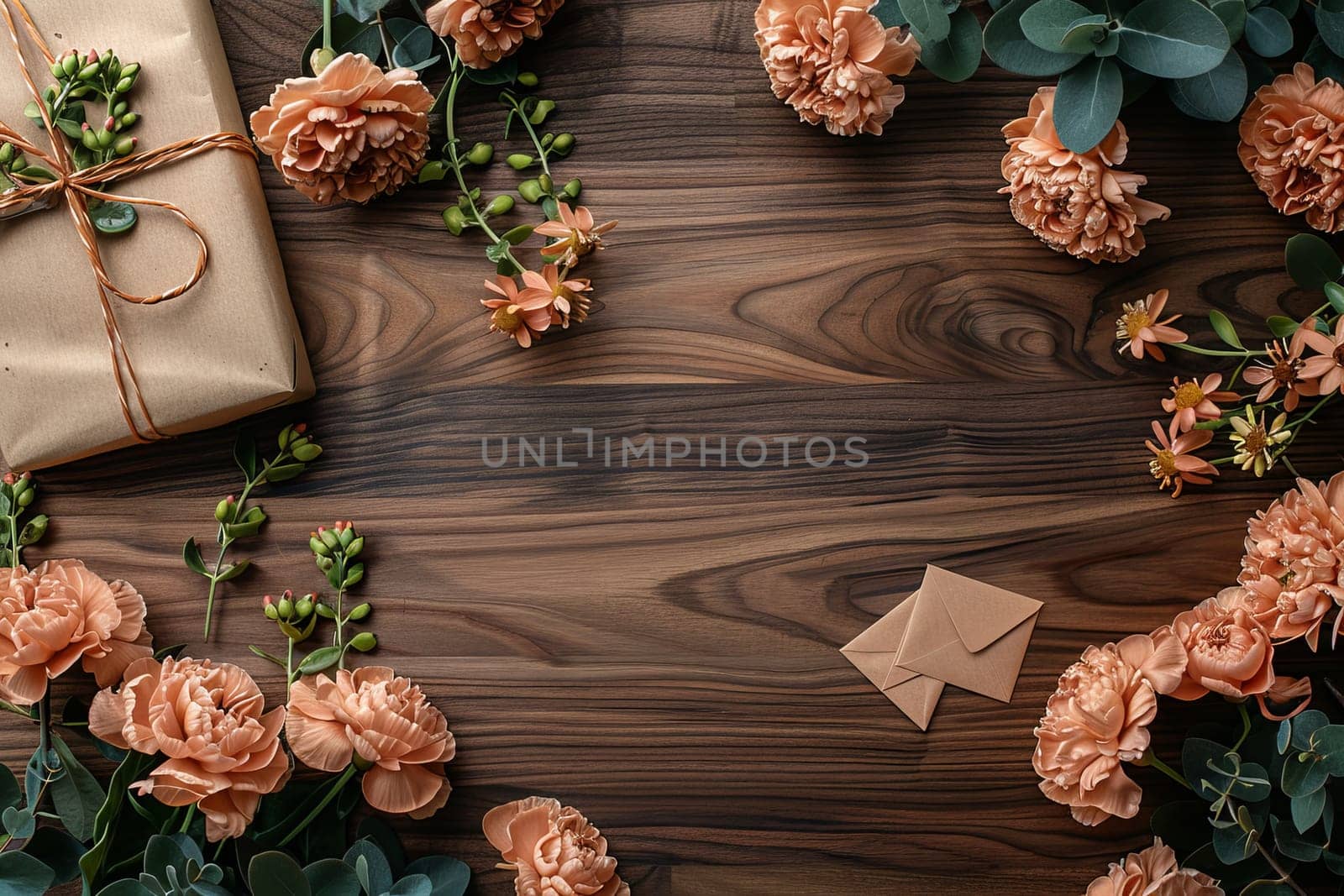 A wooden table with three brown boxes and a vase of pink flowers. Concept of warmth and celebration