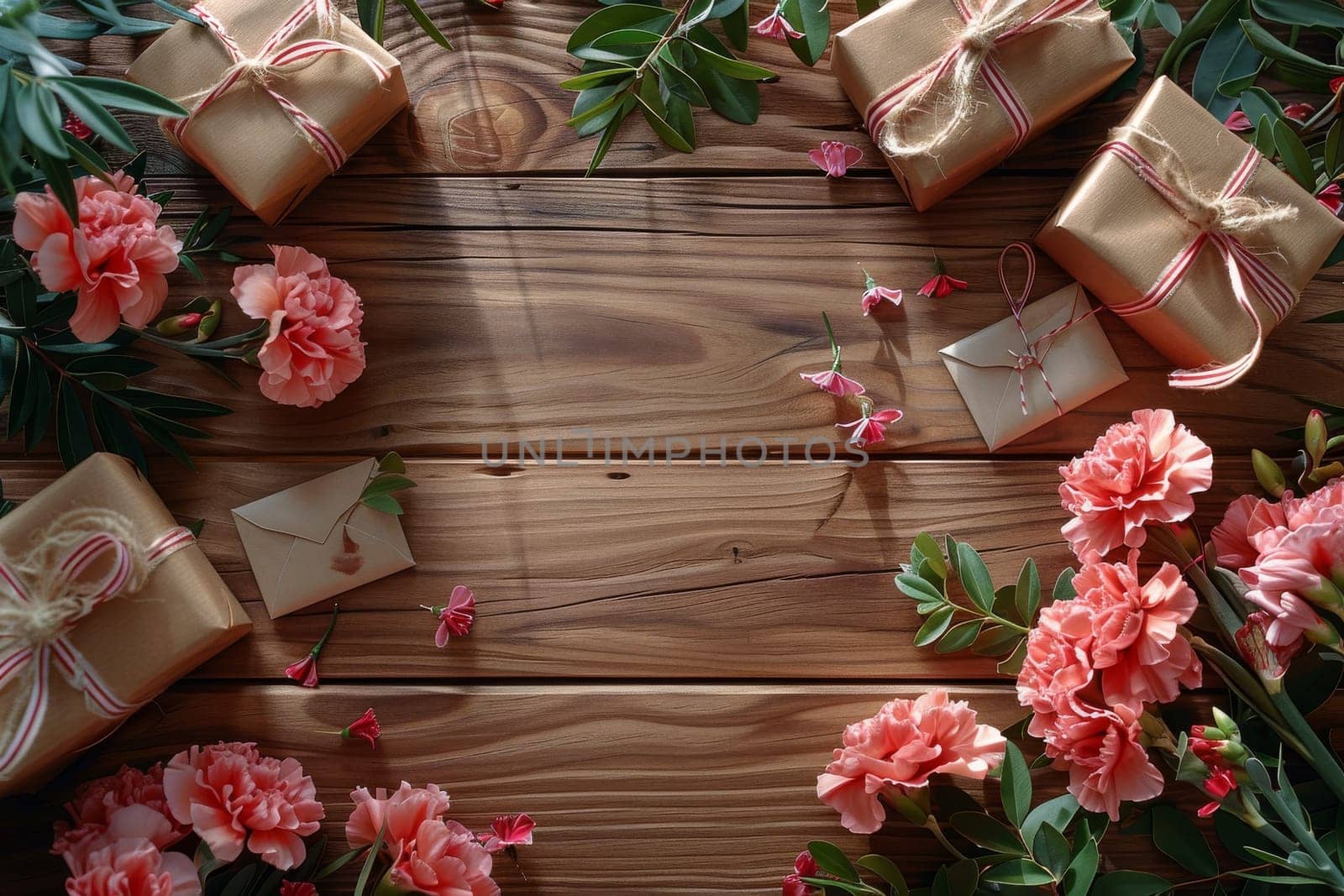 A white background with pink flowers and brown boxes. The boxes are wrapped in pink ribbon and are placed on the table