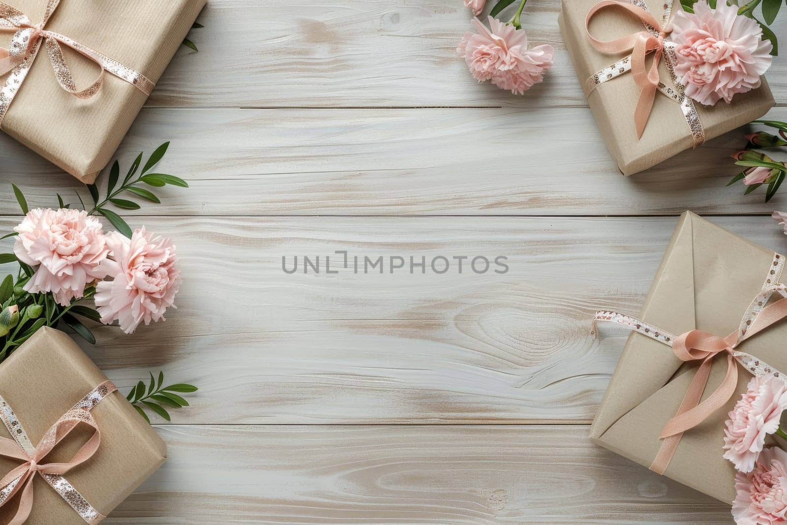 A white background with pink flowers and brown boxes. The boxes are wrapped in pink ribbon and are placed on the table