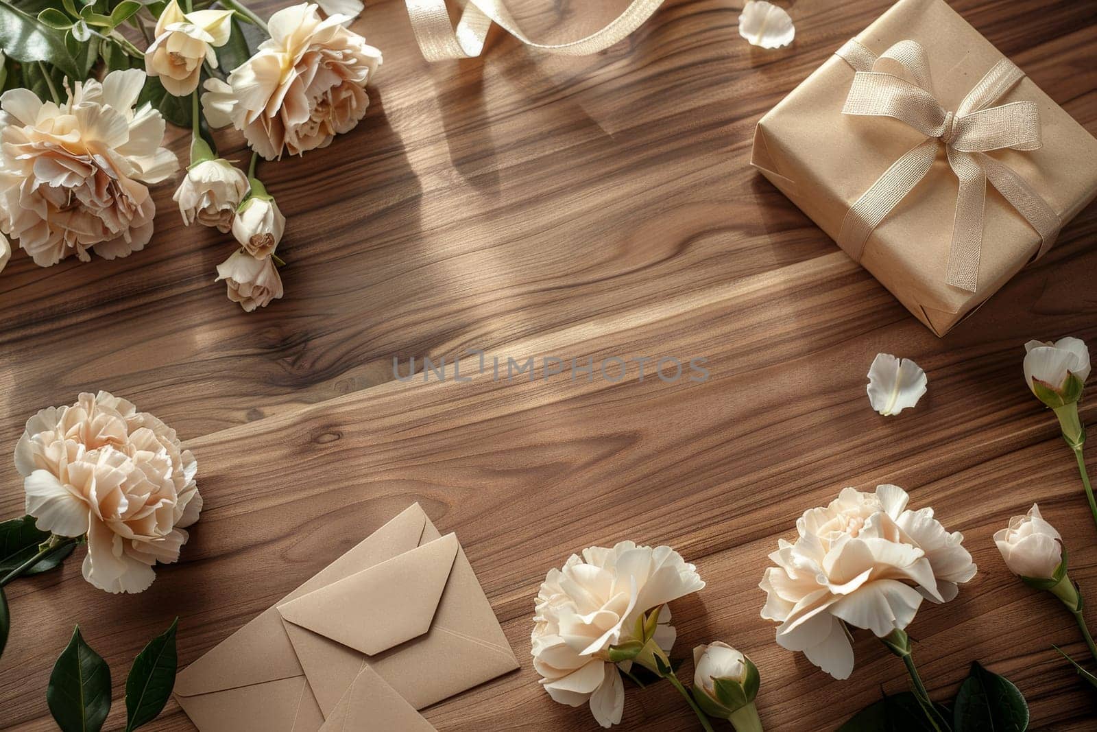 A white background with pink flowers and brown boxes. The boxes are wrapped in pink ribbon and are placed on the table