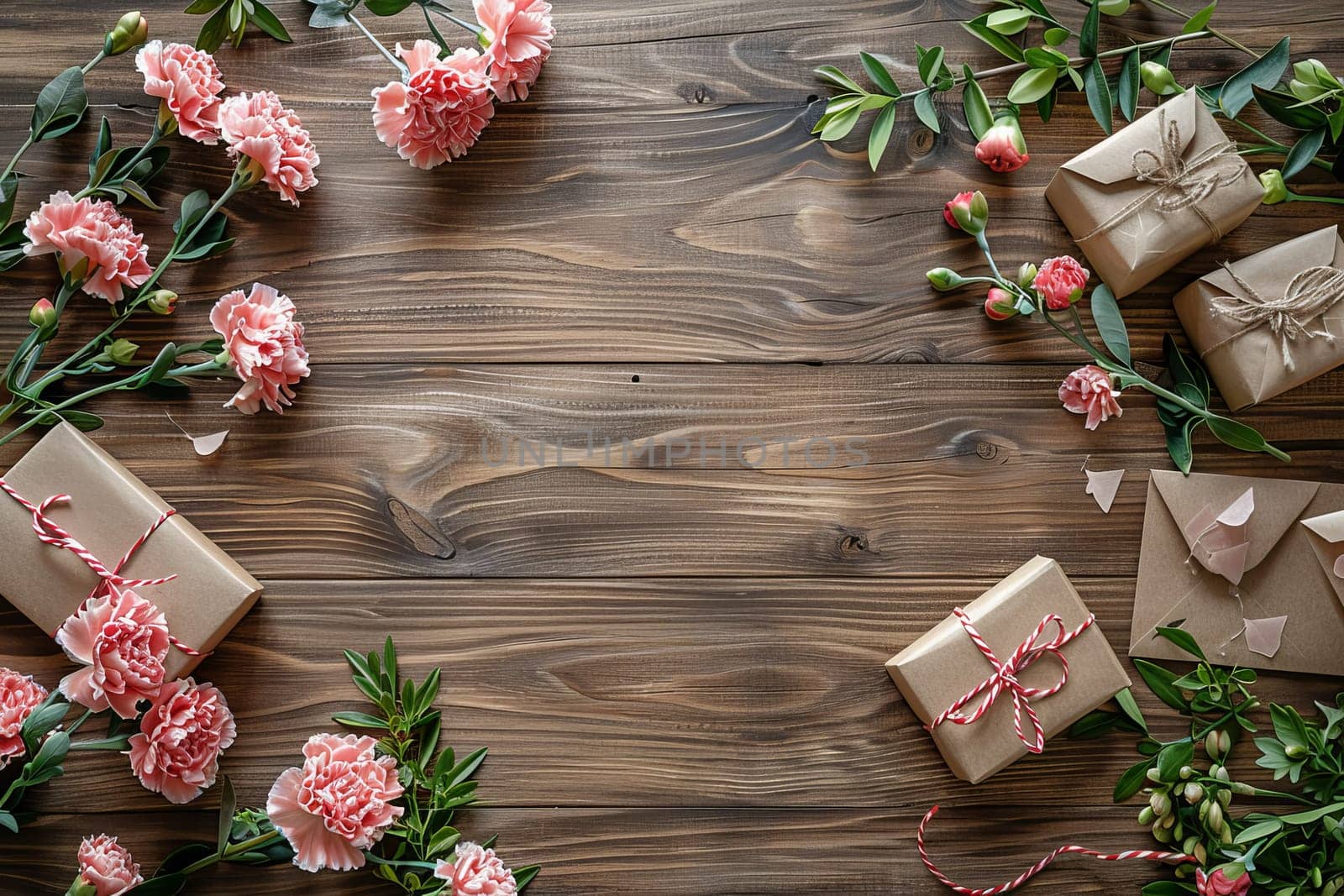 A white background with pink flowers and brown boxes. The boxes are wrapped in pink ribbon and are placed on the table