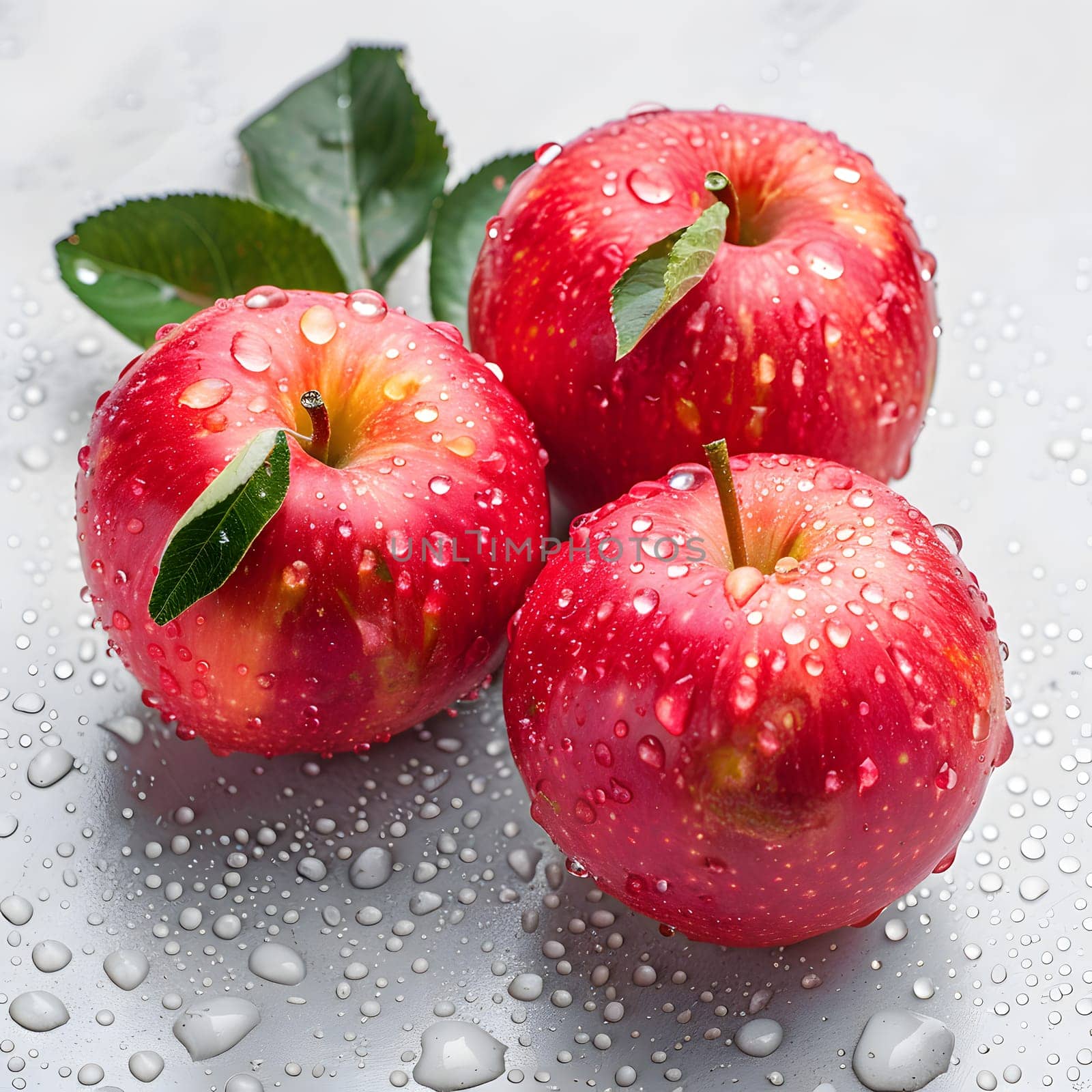 Three ripe red apples, featuring vibrant green leaves and glistening water drops, are a staple food that can be enjoyed as a nutritious ingredient or snack