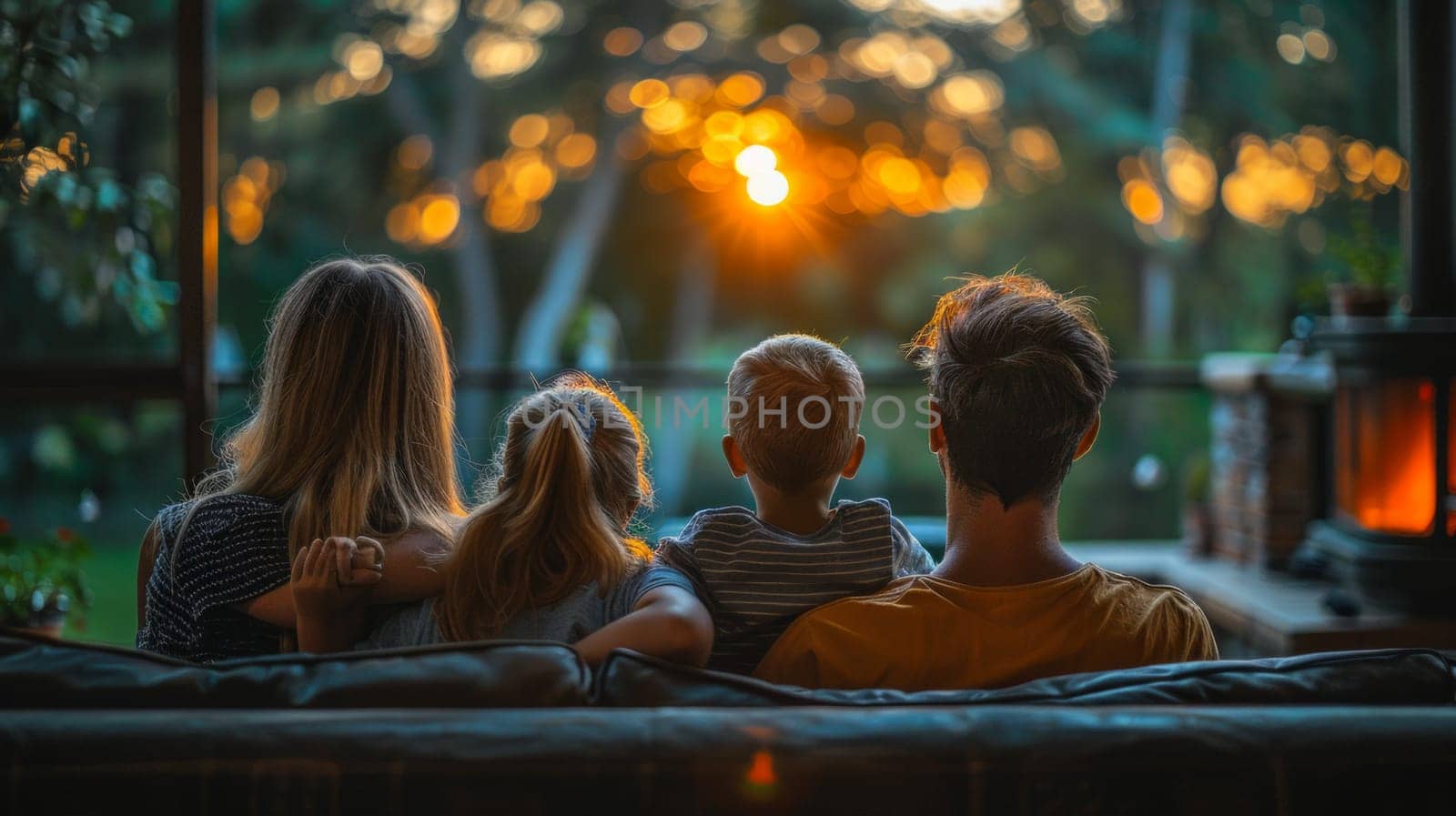 Rear view of a family of four sitting on a couch and watching the sun set in a sofa in their warm and cozy home by papatonic